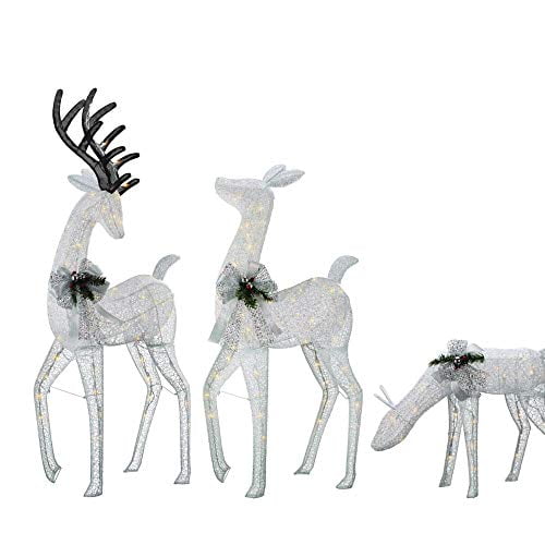 3pc Lighted White Deer Set Display Outdoor Christmas Decoration Yard Decor